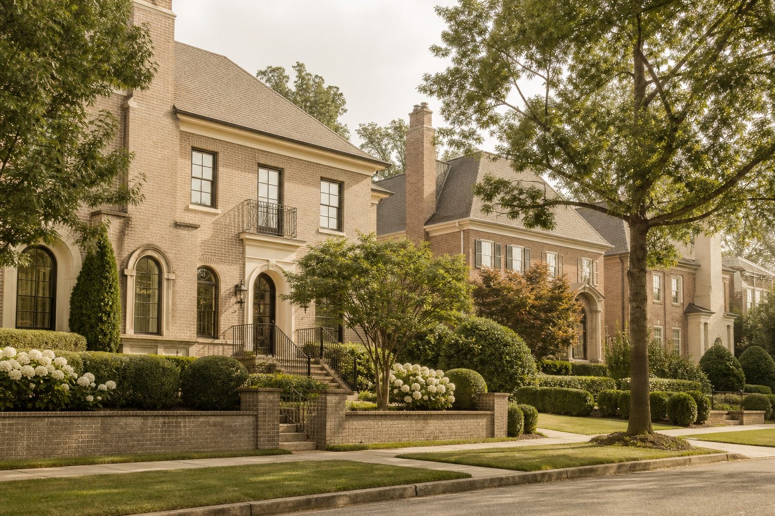 Concept image of an upscale Buckhead residential street with brick homes and manicured landscaping