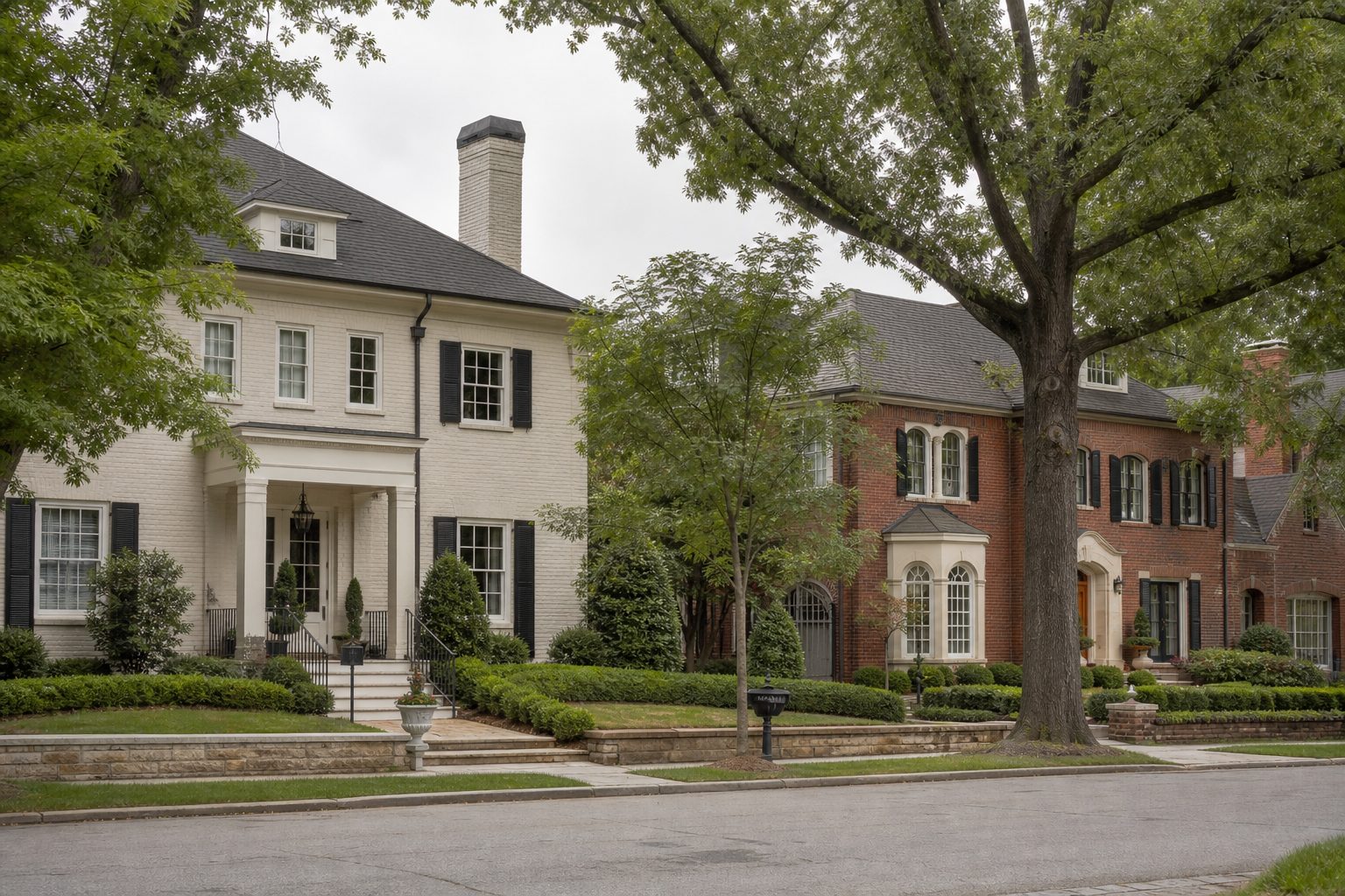 Concept image of an established Metro Atlanta residential street with traditional brick and painted-brick homes under mature hardwoods
